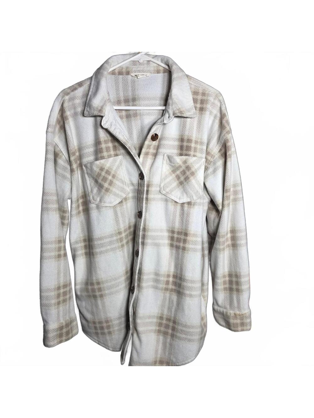 Wmn's Large Maurices beige plaid button-front shirt-jacket